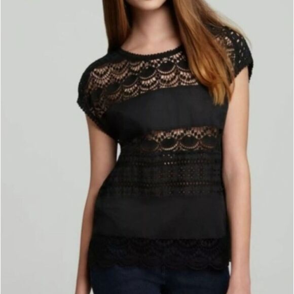Joie Sigrid Black Eyelet Blouse Cap Sleeve Lacy 100% Cotton Oversized XS - Picture 1 of 13